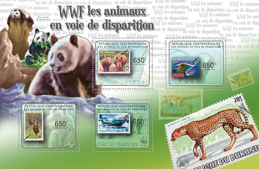 Endangered Animals, (WWF - Stamp on Stamp). - Issue of Central African republic postage stamps