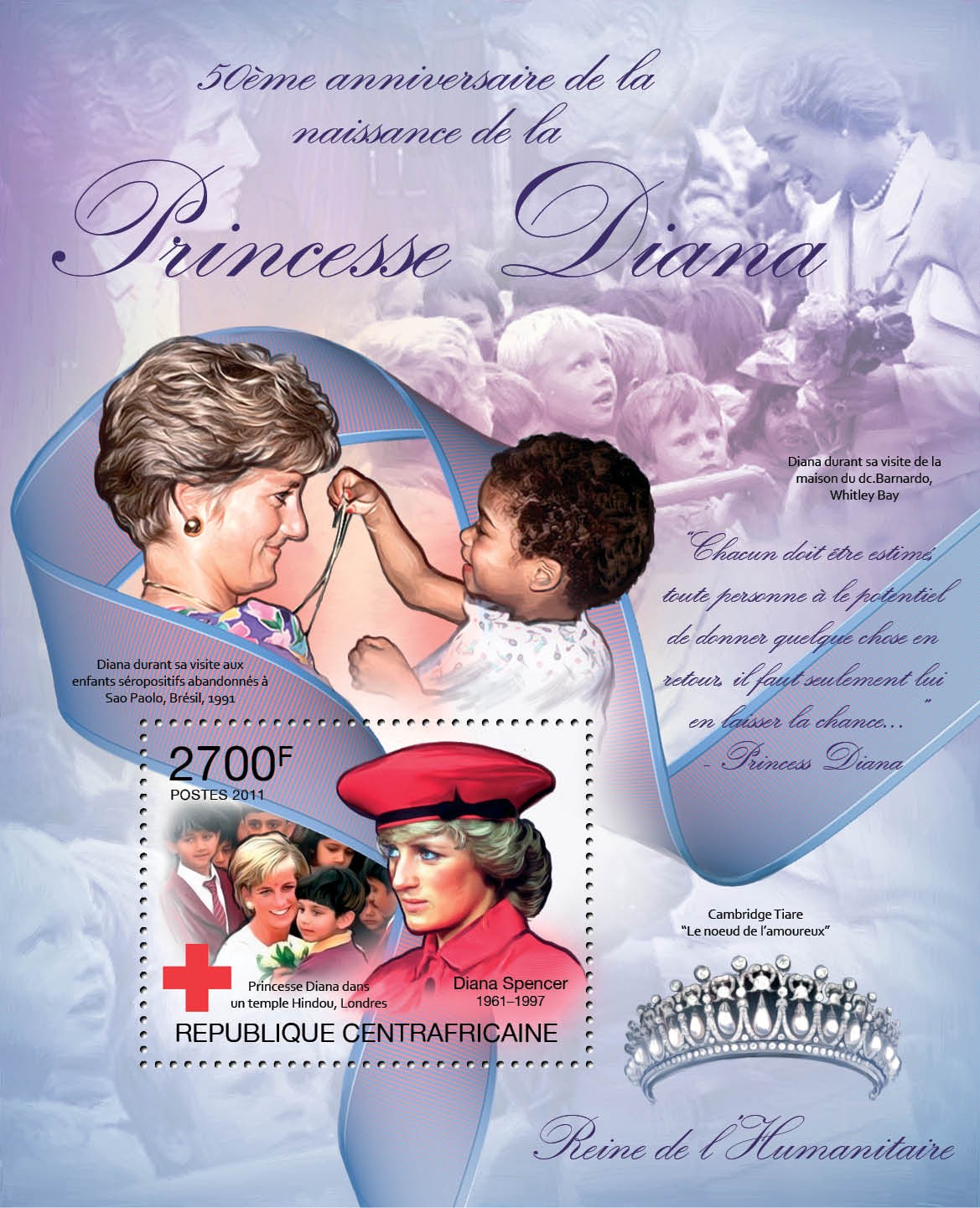 50th Anniversary of Birth of Princess Diana, (1961-1997). Red Cross. - Issue of Central African republic postage stamps