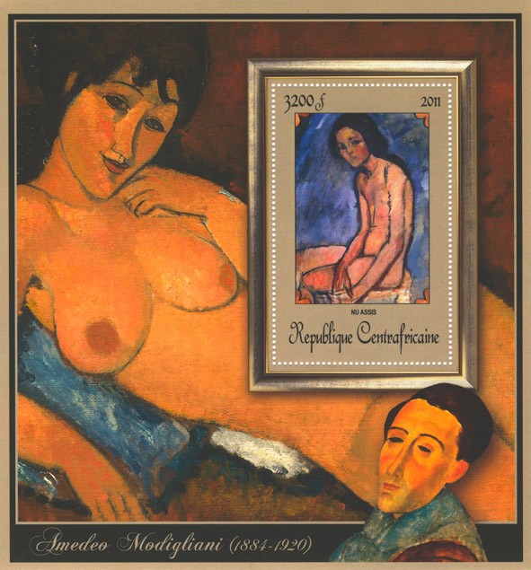 Special Block of Paintings of Amadeo Modigliani,  (Nu assis). - Issue of Central African republic postage stamps