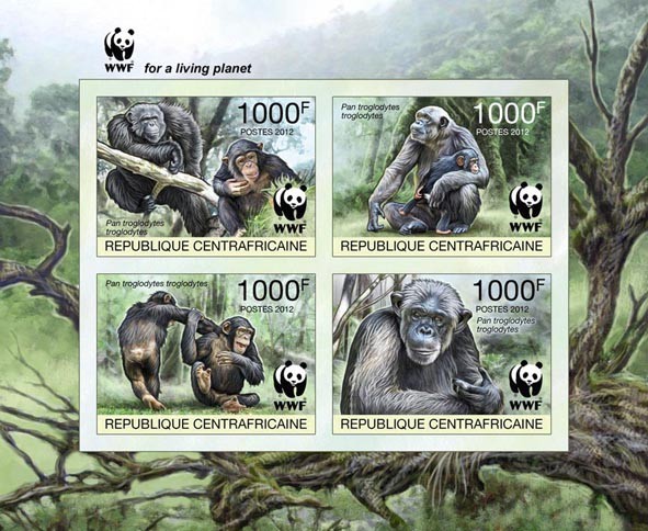 WWF Pan troglodytes troglodytes Sheet of 1 set - Imperforated - Issue of Central African republic postage stamps