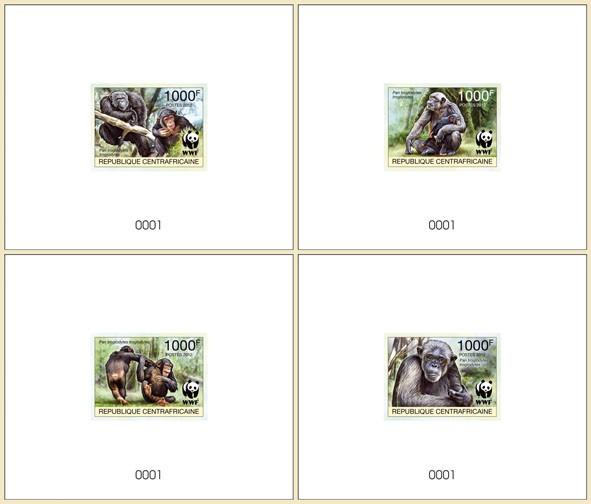WWF Pan troglodytes troglodytes De Luxe sheet with single stamp 4 - Issue of Central African republic postage stamps