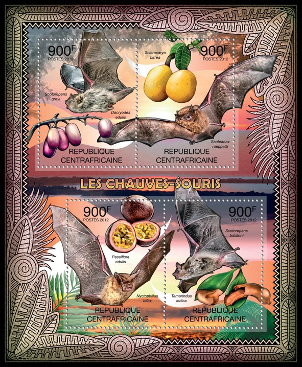 Bats, (Scotorepens greyi, Decryodes edulis). - Issue of Central African republic postage stamps