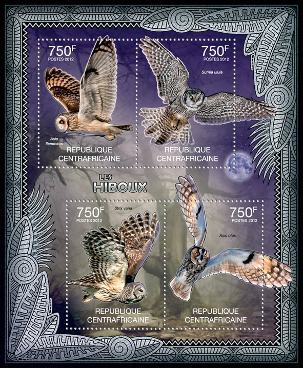 Owls, (Asio flammeus, Asio otus). - Issue of Central African republic postage stamps