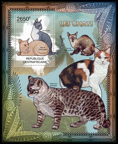 Cats, (Devon Rex, Rex de Cornouailles). - Issue of Central African republic postage stamps