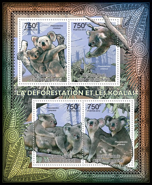 Deforestation & Koalas, (Phascolarctos cinereus). - Issue of Central African republic postage stamps