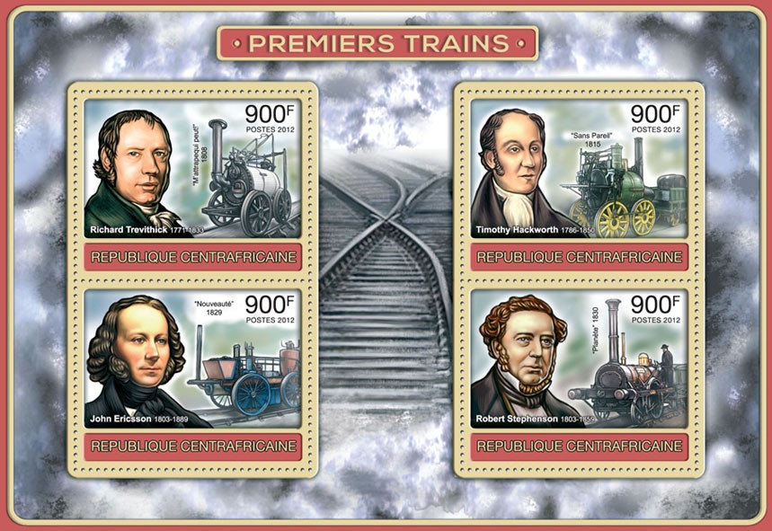 First Trains (Richard Trevithick, Timothy Hackworth, John Ericsson, Robert Stephenson) - Issue of Central African republic postage stamps