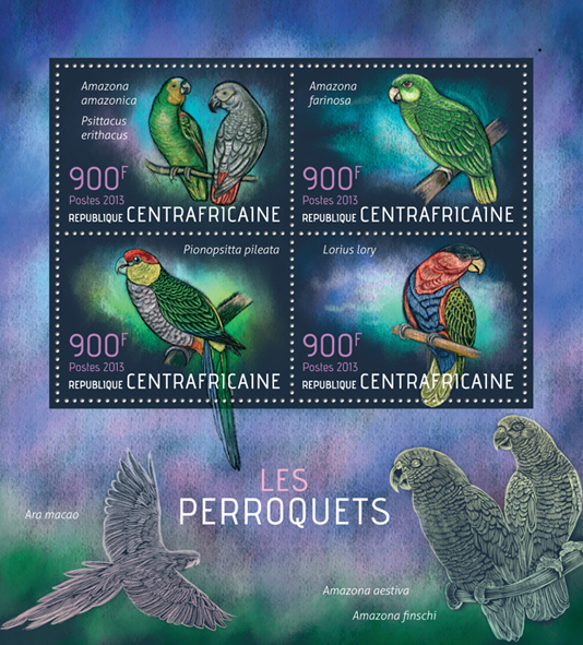 Parrots - Issue of Central African republic postage stamps