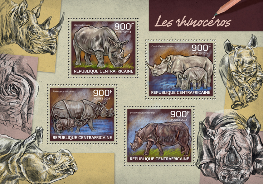Rhinoceros - Issue of Central African republic postage stamps
