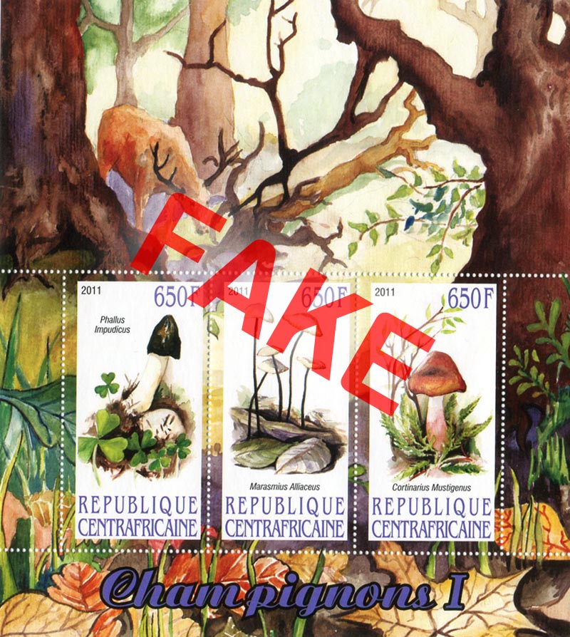 Fake postage stamps of Central African Republic. Mushrooms