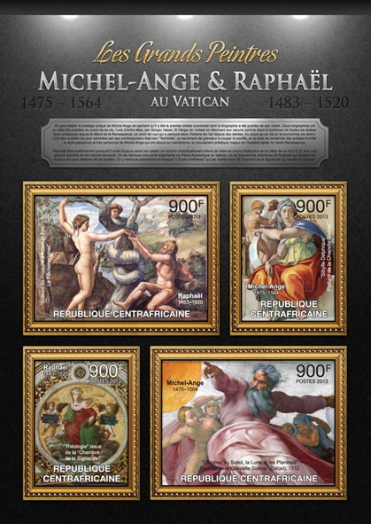 Michelangelo and Raphael in Vatican - Issue of Central African republic postage stamps