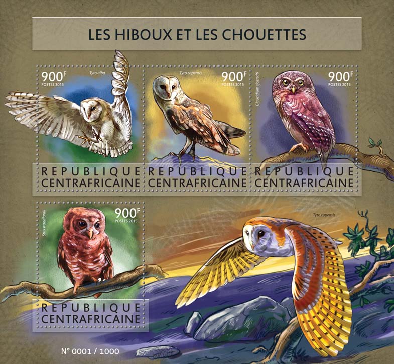 Owls - Issue of Central African republic postage stamps