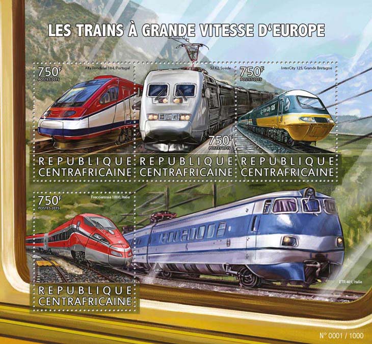 High speed trains - Issue of Central African republic postage stamps