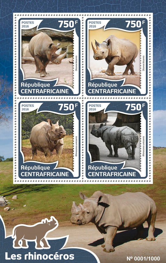 Rhinoceros - Issue of Central African republic postage stamps