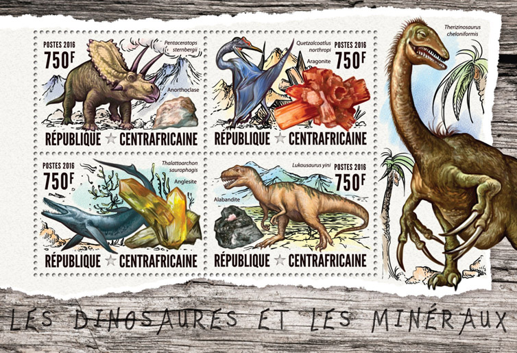 Dinosaurs and minerals - Issue of Central African republic postage stamps