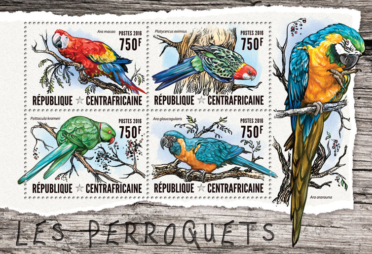 Parrots - Issue of Central African republic postage stamps