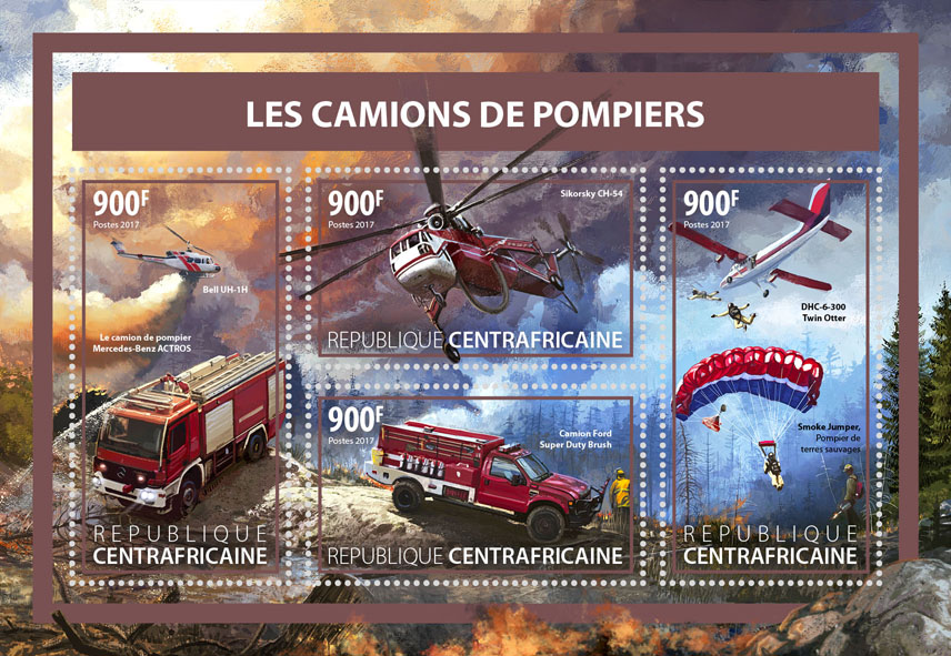 Fire engines - Issue of Central African republic postage stamps