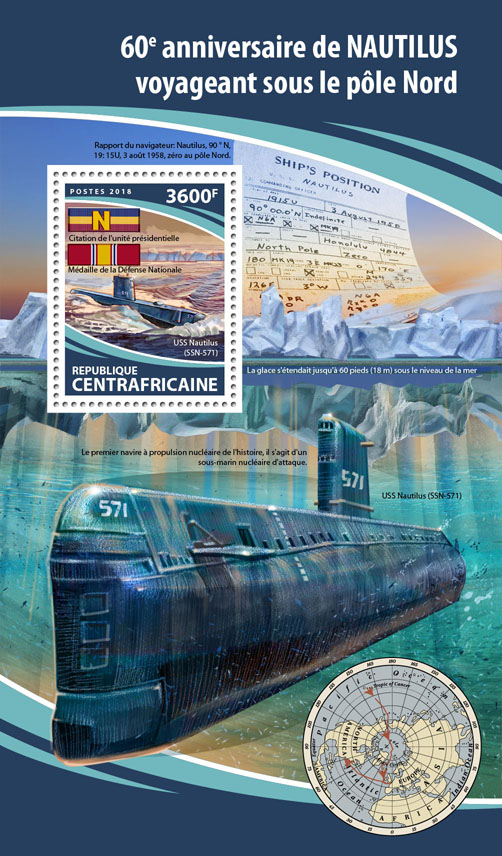 Nautilus traveling - Issue of Central African republic postage stamps