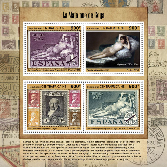 The naked Maja of Goya - Issue of Central African republic postage stamps