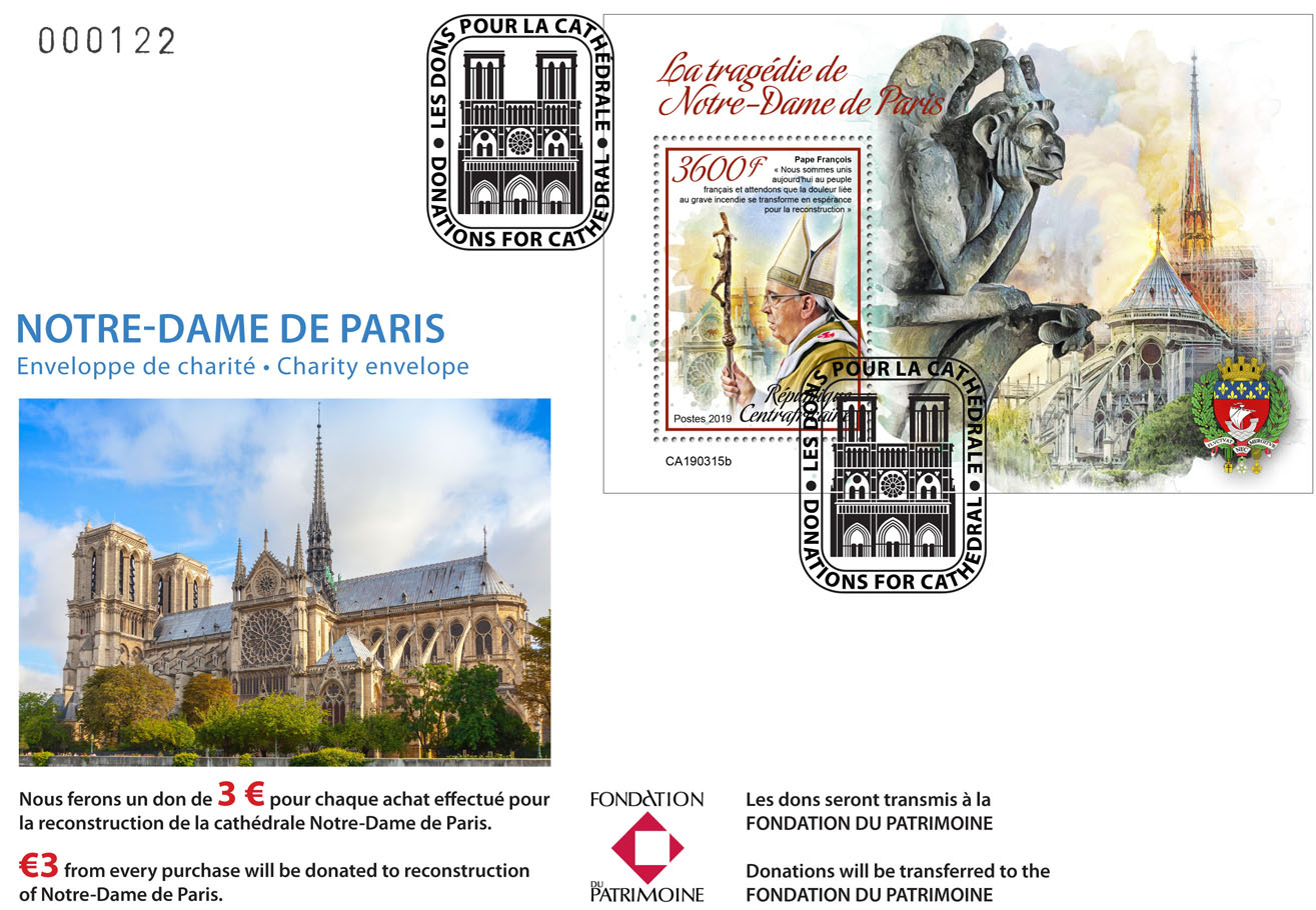 Special FDC for Notre-Dame de Paris. Tragedy of Notre-Dame de Paris - Issue of Central African republic postage stamps