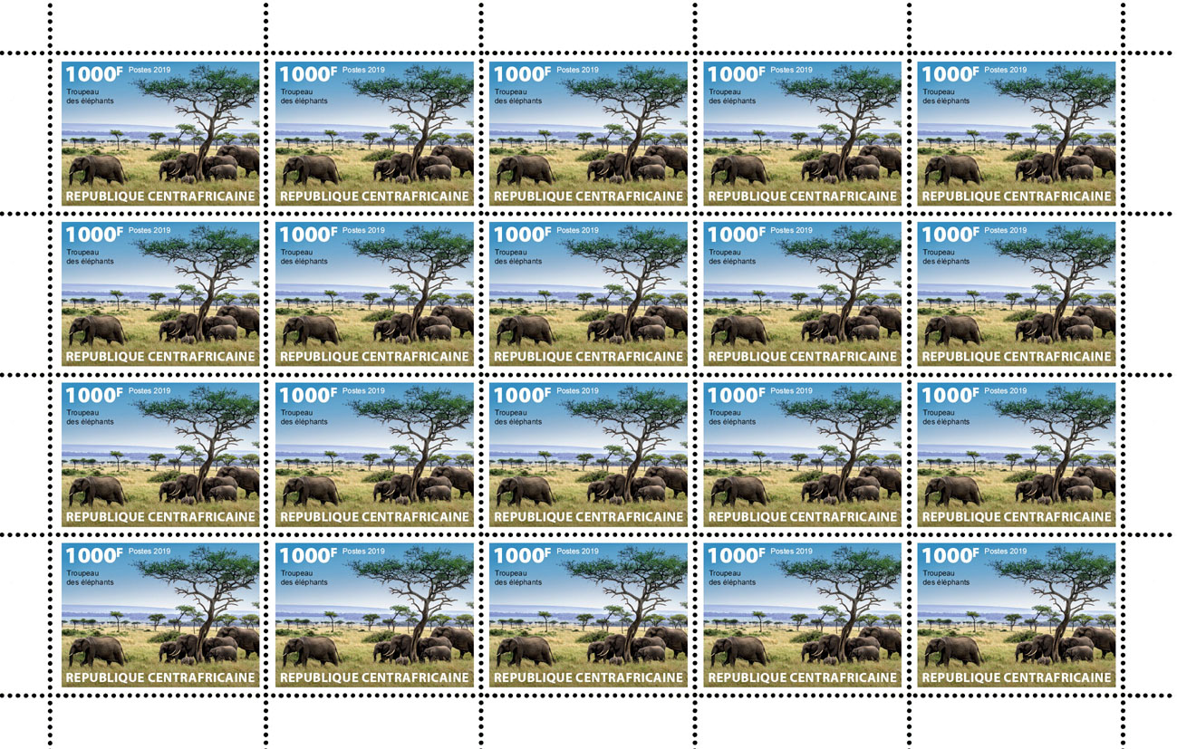 Herd of elephants - Issue of Central African republic postage stamps