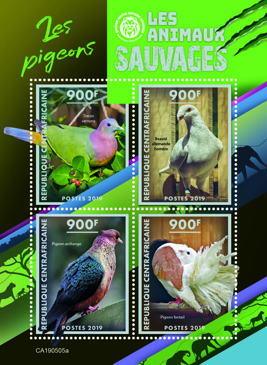 Pigeons - Issue of Central African republic postage stamps