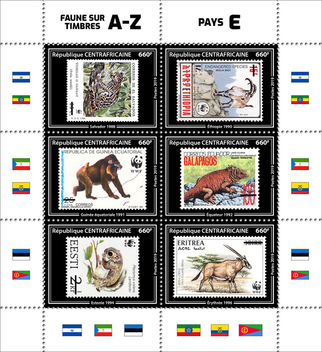 Fauna on stamps WWF 6v - Issue of Central African republic postage stamps