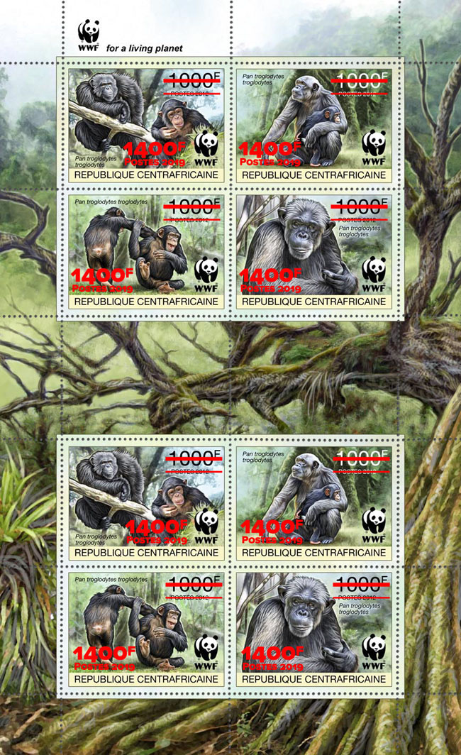 WWF overprint: Monkeys 8v (red foil) - Issue of Central African republic postage stamps