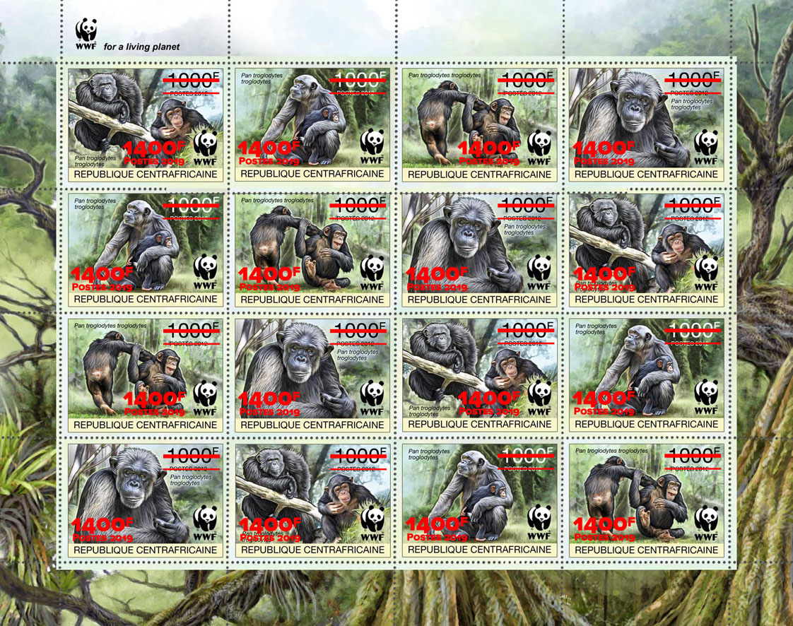 WWF overprint: Monkeys 16v (red foil) - Issue of Central African republic postage stamps