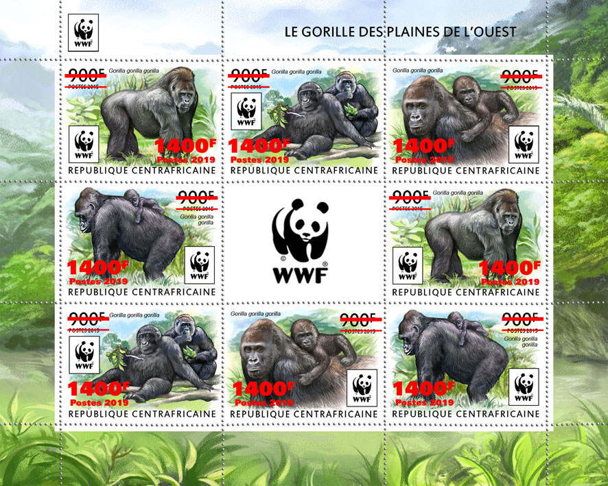 WWF overprint: Gorillas 8v (red foil) - Issue of Central African republic postage stamps