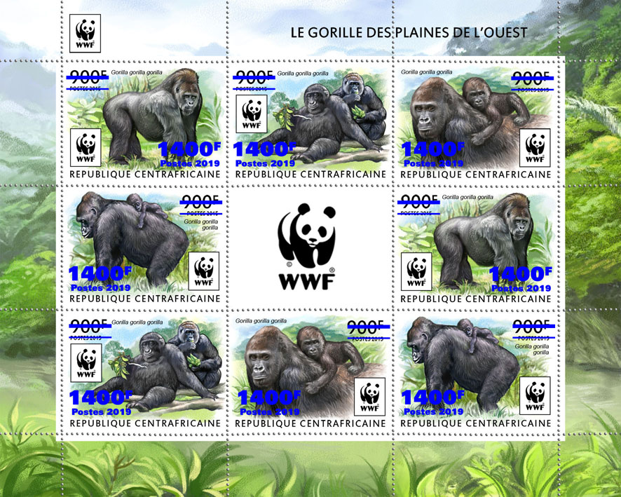 WWF overprint: Gorillas 8v (blue foil) - Issue of Central African republic postage stamps