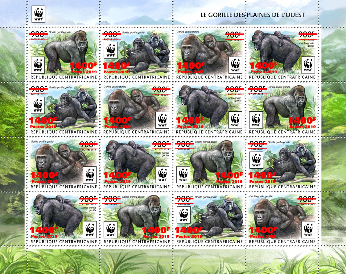 WWF overprint: Gorillas 16v (red foil) - Issue of Central African republic postage stamps