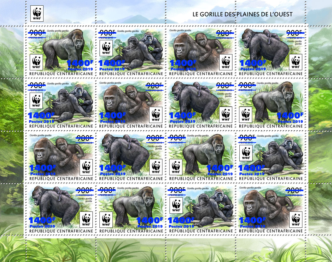 WWF overprint: Gorillas 16v (blue foil) - Issue of Central African republic postage stamps