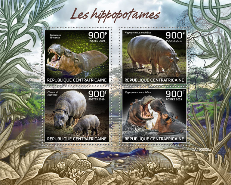 Hippopotamus - Issue of Central African republic postage stamps