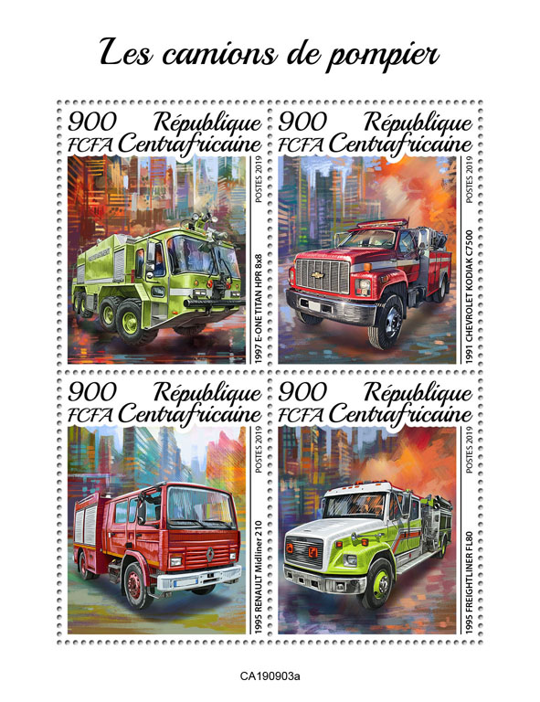 Fire trucks - Issue of Central African republic postage stamps