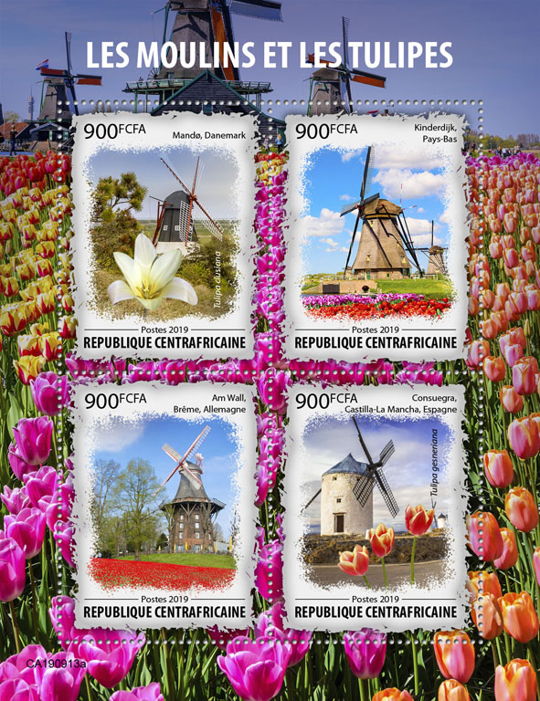 Mills and tulips - Issue of Central African republic postage stamps